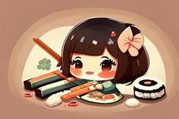 contented cute chibi girl making sushi