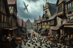 historical oil painting in 17th-century style – the town of Hamelin under siege by a swarm of rats. Streets overrun with rodents, scurrying through alleys, climbing over food carts and rooftops. Desperate townspeople try to chase them away with brooms, buckets of water, and terrified gestures. Gothic architecture looms overhead – timber-framed houses and narrow stone alleys. The mayor and council watch helplessly from a high window. Dark clouds above, muted color palette: muddy