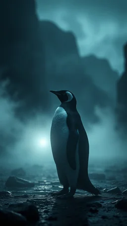 ,surrealism of the dark of a nightmare , hyper photorealistic, hyper detailed bright art color, high resolution, fog, octane render, tilt shift, HDRI Environment, all pictures dark gray, sad penguin