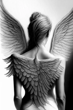 woman angel from back wings coming from back of her shoulders ultra realistic drawing