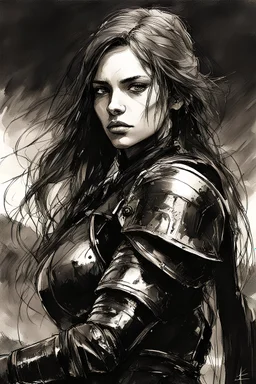 A formidable warrior girl in black armor, on the background Amazing gloomy landscape, flooded with sunset, mountains, trees, fabulous scary hero, , juicy emotions, painting, dark fantasy, gloomy day, dark world, portrait, A Quick Pencil Sketch Of A Portrait Of A 20 Years Old Woman; By Alex Maleev