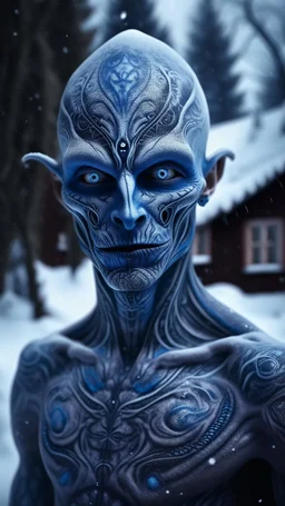 holographic simulation, beautiful xenobiotic alien man demon, scandinavian black tattoo on the body, super detailed face, blue eyes, against the backdrop of old dzherevyanny houses in the winter forest, falling snow in winter, professional photo, 4k, high resolution, high detail, close-up, octane, body art, patterns, lavender color, silver wire, artistic elven fantasy, filigree, dark botany, ultra detail, dark botany, photorealistic image