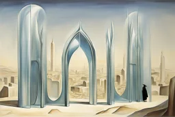 a surreal gothic_arab glass gate with a view of an old English city by artist "Zaha Hadid",by artist "Leonora Carrington"