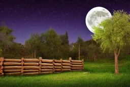 Dry trees, night, full moon, cabin, yard with flowers, fence, background pc