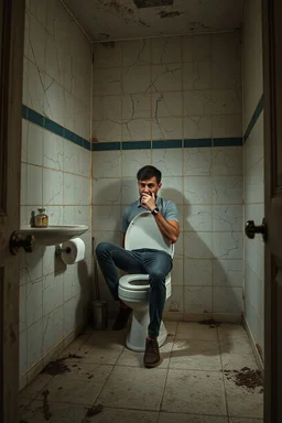 "A very old paints cracked dirty abandoned bathroom , a man setting on the toilet seat and speaking on iPhone in his hand , insanely detailed octane render trending on artstation, 8k artistic photography, photorealistic concept art, soft natural volumetric cinematic perfect light, chiaroscuro, award-winning photograph, masterpiece, oil on canvas, Raphael, Caravaggio, Greg Rutkowski, people, beksinski, Giger