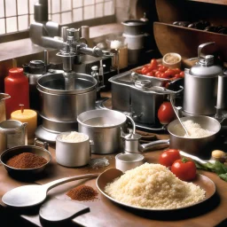 Realistic, detailed photographic image from Angel Heart (1987): cooking kit: Made for recipes on an alien planet: include: Electric mixer, blender, food processor, slotted spoon and chef's knife, measuring cups, spatula, whisk, ladle, can opener, vegetable peeler, food pills and a flour, sugar, salt, spices, dried herbs, bouillon cubes, pots, pans, plates, bowls, and utensils, trussing poultry or tying bundles of herbs, etc.Make it simple and labeled.‘ in New Orleans Hell's Kitchen