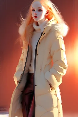 A beutiful young sexy blonde pale skin red hair girl in winter coat ; full body, smooth, by Andrew ATROSHENKO; Speedpaint with large brush strokes ; drip painting; paint splashes; a masterpiece; maximalist; uncanny; highly detailed and intricate, beautiful colors; no sign, no watermark, no extra woman, no extra man