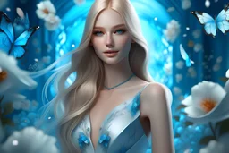 beautiful galactic woman, full body, nice eyes, pure harmony, magnifiques cheveux blonds longs, coiffure sophistiquée, magnifiques bijoux, look like a star, regard lointain, doux sourire, soft blue, magic, transcendent, divine, warm look, riches vêtements galactiques, white flowers background, butterfly colored, ultra sharp focus, ultra high definition, 8k, unreal engine background, colored lake, ultra sharp focus, ultra high