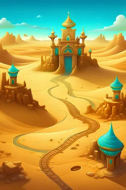 ""Draw a scene of an imaginary desert with six magical gates leading to the world of genies, scattered in between the sands."