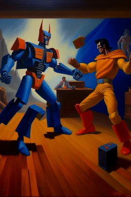 1970's dark fantasy action scene dnd style oil painting of seinfeld vs transformers in sport outfits with minimalist far perspective.