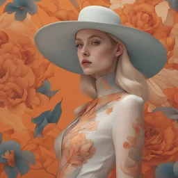 a close up of a person wearing a dress and a hat, james jean soft light 4k, biophilia, orange, hana yata, porcelain cyborg, beautiful!!! digital art, still from alita, exotic flora, victorian textiles, hi - fructose art magazine, young blonde woman, fairy cgsociety, photo from vogue magazine, 2015 cinematography, shot with Sony Alpha a9 Il and Sony FE 200-600mm f/5.6-6.3 G OSS lens, natural light, hyper realistic photograph, ultra detailed -ar 3:2 -q 2 -s 750