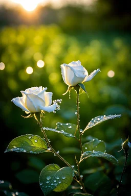Morning Dew Serenity: Picture a delicate fluorescent glass white roses in the early morning light, adorned with glistening dewdrops. Sharp focus . Iridescent colors with intricate details. The tranquility of the scene mirrors the quiet strength that comes from embracing stillness and finding inspiration in the simplest moments.
