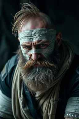 a very sad hurt swedish motorcycle gang man with beard, he is covered all the body with bandage and are in deep pain, bandage all over him, cripple