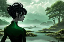 A skinny woman with a black bob hairstyle, in a green and silver suit, standing, looking out over a lake, in an alien forest, with tall narrow cloud trees, with flying dandelion heads with octopus tentacles