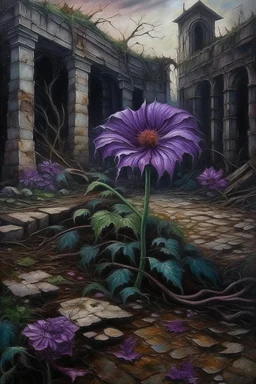 Oil painting of a purple flower amid withered and dead flowers in an abandoned garden in an abandoned palace in the ancient era