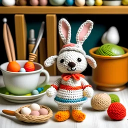 A crocheted toy chef in the form of a cute bunny, wearing a chef's hat and apron, holding a tiny crochet spatula and surrounded by miniature crocheted pots and pans, adding a touch of whimsy to the kitchen