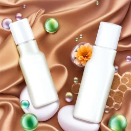 two cosmetics bottles are on a silk fabric, behind a beautiful floral spring floral background, the picture is top view, in the background there are beautiful soap bubbles, molecules and honeycombs, high-quality picture, top view