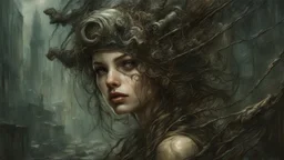 post-apocalypse, horror, hopelessness, darkness, dark colors, by Luis Royo & Raymond Swanland & Alyssa Monks & Anna Razumovskaya