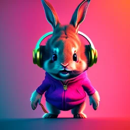 pixar style anamorphic cute smiling baby rabbit, smiling, cyberpunk headphone, sunglass, gangsta gold necklaces, full body, magenta puffer jacket, manila city background, dramatic lighting, hyper realistic, unreal engine 5, 16k