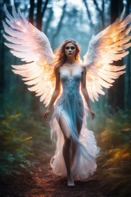 Beautiful Angel in Magical Forest full of lights colors, Photography Art Photoshoot Art Cinematic Soft Blur Colors - on Running Dramatic Pose