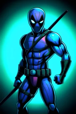 Black main color, blue accent color deadpool, thin, fit, lean