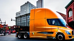 A Tesla semi-truck is racing at top speed, across the 'Pike Place Market', in Seattle. CINEMATIC. WIDE ANGLE LENS. PHOTO REAL.
