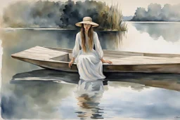 A long hair nice woman in a long vintage dress and hat sitting on the edge of a lake dock looking into the water, her reflection in the water, pale colors, black and white colors, peaceful mood, minimalist background, watercolor, style by Waterhouse, Cezanne, Jian Wu, Claude Monet, Christine Misencik-Bunn