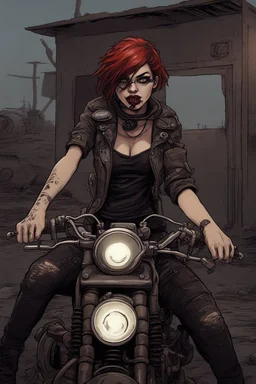 vampire girl showing fangs with short cropped cyberpunk hair riding a cafe racer motorcycle in a post apocalyptic wasteland at dawn