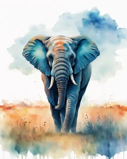 a large male elephant walking across a grass covered field, front view, low angle, strolling dynamics, perfect anatomy, slow-mo running in savanna, Africa, watercolor, tint leak, hazy, colors of blue, indigo, teal and orange