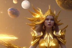  beautiful cosmic woman with golden color skin, long hair, nice smiling, magic glamour make up, delicate colors, beautiful glamour galactique dress, ultra sharp focus, 8k, unreal engine 5, extremely sharp detail, light effect, soft light atmosphere of a spaceship, smooth, full of details, face in front, complete vision of face and hair and body