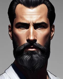 "MIddle aged white human male, with a trimmed but uneven beard, piercing eyes with slick back hair, full-scale head and shoulders portrait, 8k resolution concept art portrait by Greg Rutkowski, Artgerm, WLOP, Alphonse Mucha dynamic lighting hyperdetailed intricately detailed Splash art trending on Artstation triadic colors Unreal Engine 5 volumetric lighting Splash art fantasy"