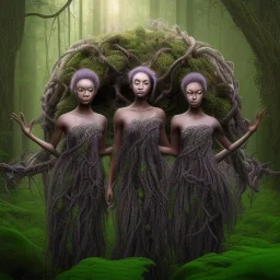 photo. .three women. A mother. Two daughter. Twins. A mother with her children. three young black women. wood nymphs emerging from the forest. Her hair looks like vines. Dreadlocs. Her skin is the colour of dark soil. Her skin looks like tree bark. Her clothing is made of vines, grass and leaves.