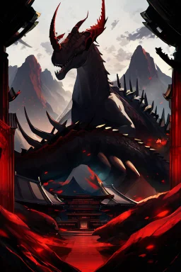 mountains, red and black, temple, dinosaur