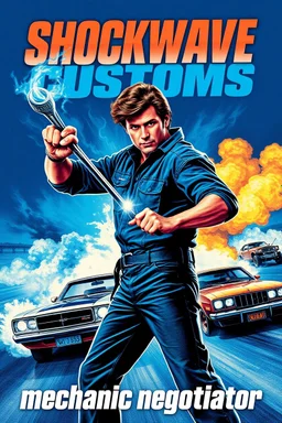 "Design a 80s-style romantic movie poster titled 'Shockwave Customs' with a blue theme and blue flames. Feature a super heroic mechanic in the foreground, fiercely battling thousands of adversaries with a spanner. In the background, show cars doing burnouts, creating a dynamic and intense scene. Capture the high-energy, gritty aesthetic of classic 80s romantic films. Prominently display the subtitle 'mmechanic negotiator' in bold, impactful lettering."