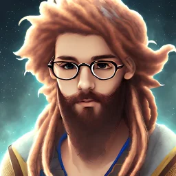 white teen boy with dreadlocks, beard and glasses in anime style