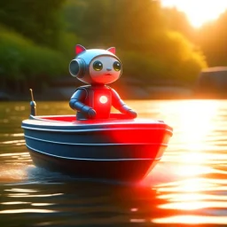 cute blessed chat robot sailing on a boat motor in the river,catching a big fish in a river stream, 8k, downlight, soft light, depth of field, photorealism, trending on art station, lotsa detail