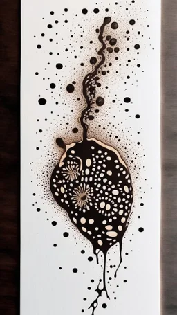 Tattoo on white paper, anatomical coffee, bright brown drawing, black paint strokes on background, large black strokes background, polka dot pattern