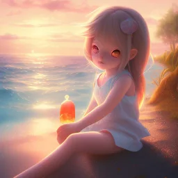 Little girl day, sunny, relaxing, sea, trees, real details anime style, realistic, glowing beach