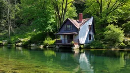 A house next to the river, transparent until an angel dives through it.