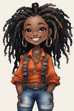 An whimsical abstract ink wash confident thick chibi black woman with a large, highly detail dread locs. She smiles to the side and wearing a burnt orange and sapphire tie dye blouse, paired cargo jean pants. She accessorizes with large hoop earrings, multiple bangles, and a belt. The artwork is digital, emphasizing her fashion and confident. drawing attention to the character.full body 68K, caricature