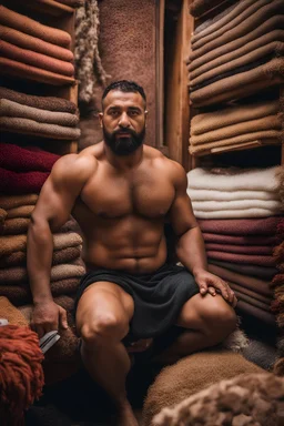 close up photography of a burly beefy muscular strong 34-year-old marocan man in Istanbul bazaar, shirtless, selling carpets sitting on a pile of carpets, biig shoulders, manly chest, very hairy, side light, view from the ground