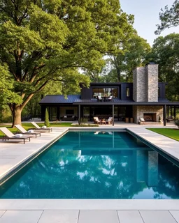 Modern country house with a dark exterior, large windows and tall stone fireplace. The house is surrounded by foliage of large trees. There is a rectangular swimming pool lined with light stone tiles and comfortable sun loungers next to it. Behind the pool is a covered patio with outdoor seating. Calm and serene environment, combining luxury with nature.