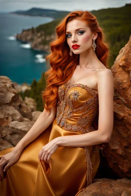 pretty dream houses in rocky mountain in wavy sea side,18 years old cute and adorable polish model standing on the rocksextremely detailed beautiful face, in hot colors adorned sapphire and gold one strap dress, wearing sexy in fashion sfilate decorated, elegant wavy hair, porcelain pale skin, shiny red lips, bright red hair, front face, right side look, beautiful smile look camera, sexy detailed elegant dress, the lens is in the left corner, ultra focu