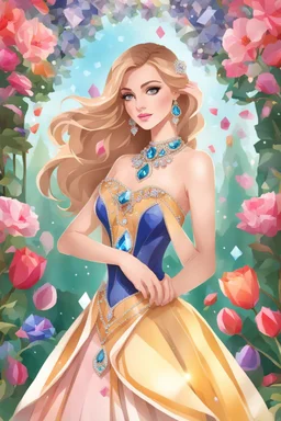 Beautiful girl wearing dress made of colors diamonds shapire and jewels in a flowergarden