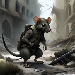 a rat in full combat kit in a ruined city realistic