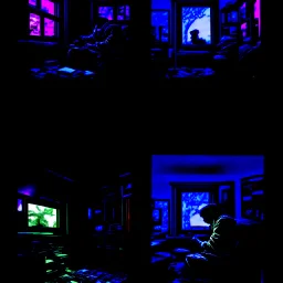 comicbook, 2 panels, bright complimentary colors, in the left panel, a tv plays breaking news, (in the right panel, a tv plays breaking news,(side angle view:1.2)of the tv), background is a haunting dimly lit, decrepit room.The atmosphere should be chilling, with shadows and decay adding to the eerie ambiance, blue palette, volumetric lighting