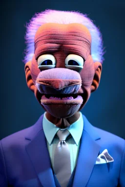 Waist up muppet Portrait, joe Biden as muppet doll, Blue suit retro style, photo studio, blue background, unreal engine 5, concept art, art station, god lights, ray tracing, RTX, lumen lighting, ultra detail, volumetric lighting, 3d.