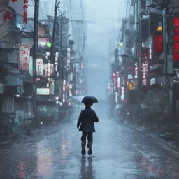 behind photo A young boy walking streets in tokyo post apocalyptic, rain