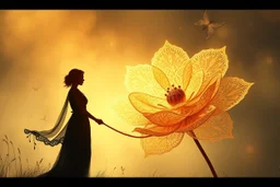 A panoramic mixed-media digital painting in a 3:1 format, filled with warmth and atmosphere. A silhouetted woman stands gracefully on the left, holding a large glowing lace flower made of delicate cream and