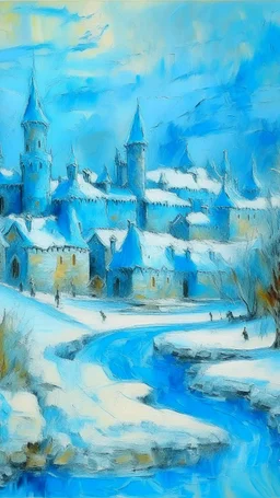 A cyan village with a castle with an ice dragon in winter season painted by Claude Monet